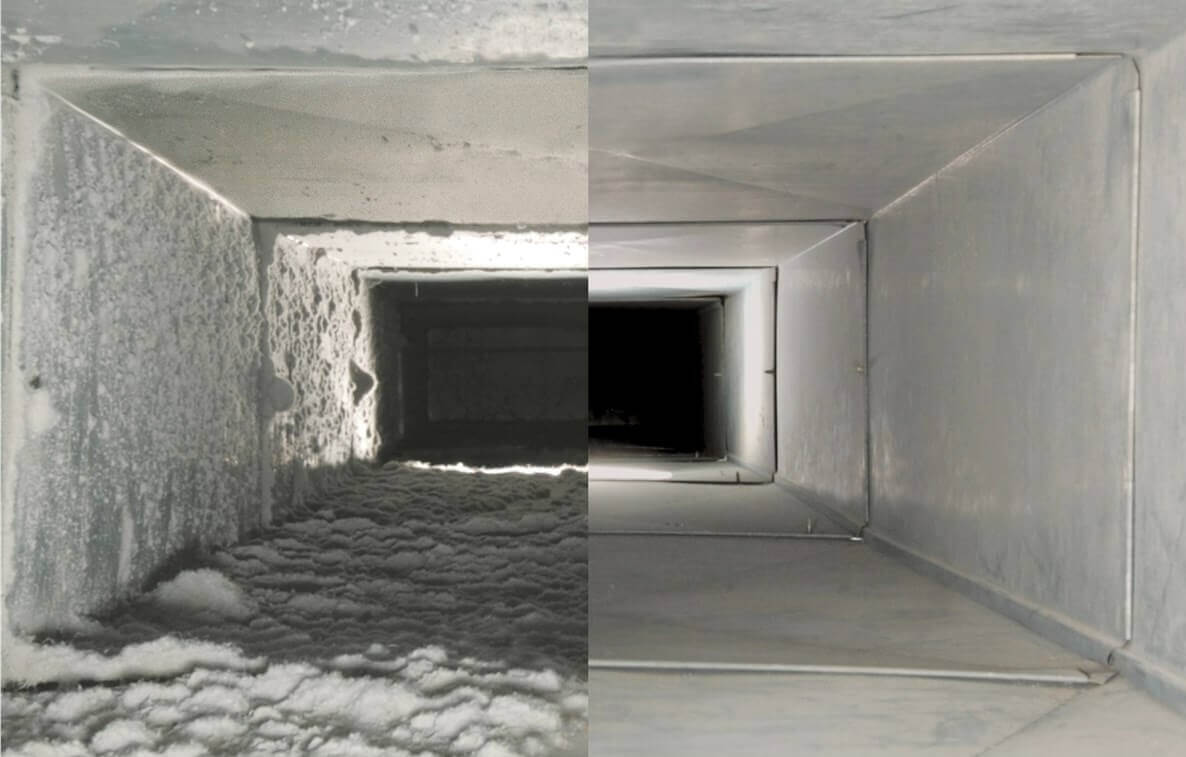 Air duct before and after cleaning